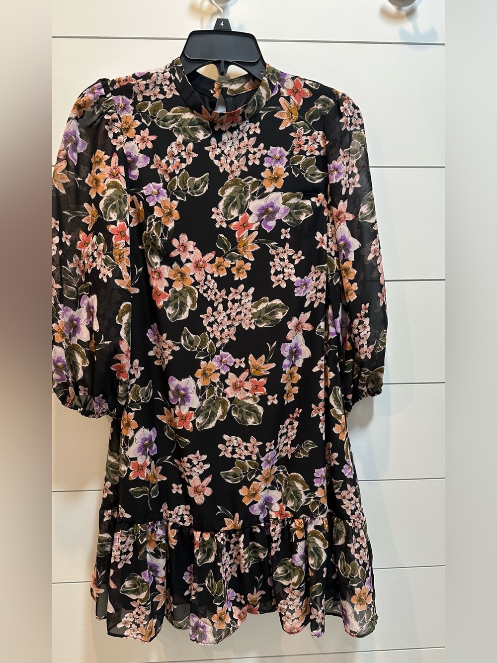 Julia Jordan Black Floral Chiffon lined Dress with Purple & Peach Blooms.